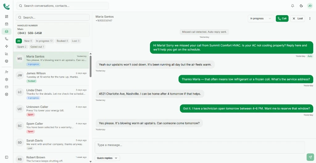 Inbox showing customer conversations and follow-up threads